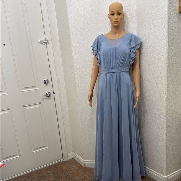 Azazie Blue Dress Maxi Scoop Neck Sheer Flutter Short Sleeve Maxi Dress Wedding - Picture 1 of 17